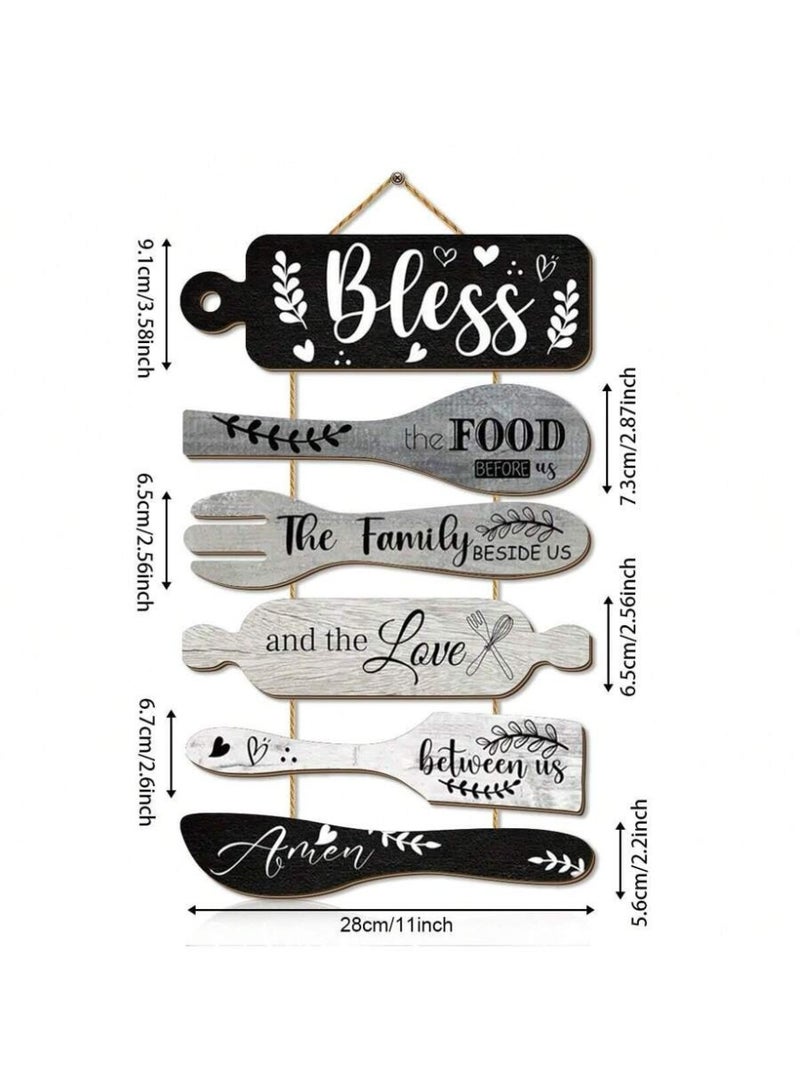 Bless the Food Before Us Wall Hanging – Rustic Kitchen Wall Decor Sign – Wooden Spoon & Fork Quote Art – Farmhouse Dining Room Hanging Plaque - Image 2